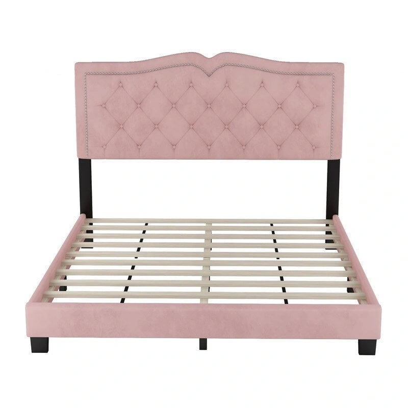 Cadre de lit rembourré Queen Size avec motif riveté, lit plateforme moderne en velours avec tête de lit capitonnée