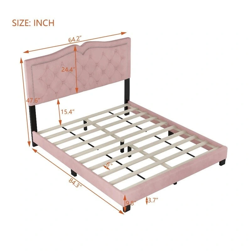 Cadre de lit rembourré Queen Size avec motif riveté, lit plateforme moderne en velours avec tête de lit capitonnée