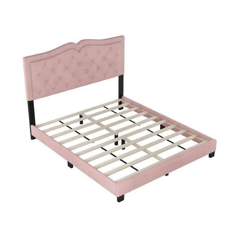 Cadre de lit rembourré Queen Size avec motif riveté, lit plateforme moderne en velours avec tête de lit capitonnée