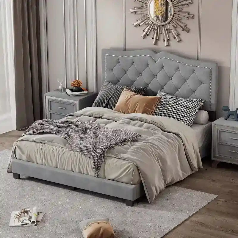 Cadre de lit rembourré Queen Size avec motif riveté, lit plateforme moderne en velours avec tête de lit capitonnée