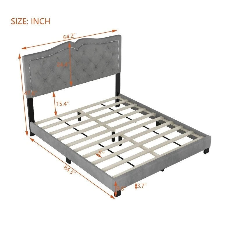 Cadre de lit rembourré Queen Size avec motif riveté, lit plateforme moderne en velours avec tête de lit capitonnée