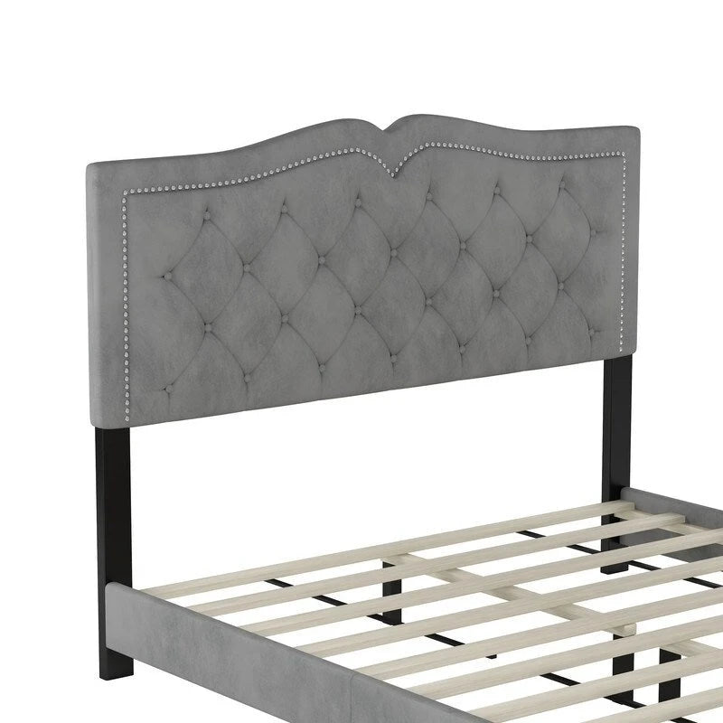 Cadre de lit rembourré Queen Size avec motif riveté, lit plateforme moderne en velours avec tête de lit capitonnée