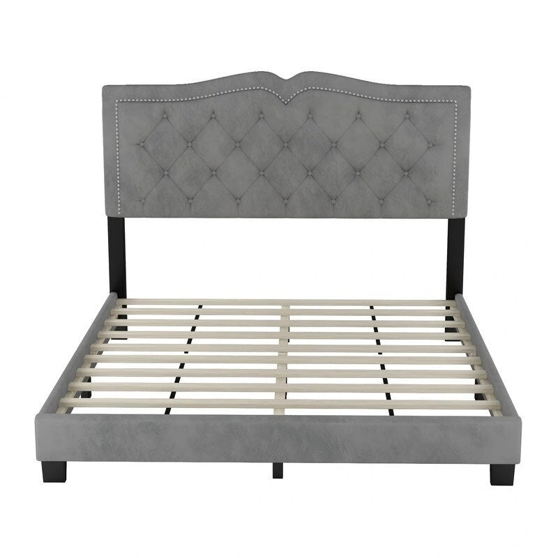 Cadre de lit rembourré Queen Size avec motif riveté, lit plateforme moderne en velours avec tête de lit capitonnée