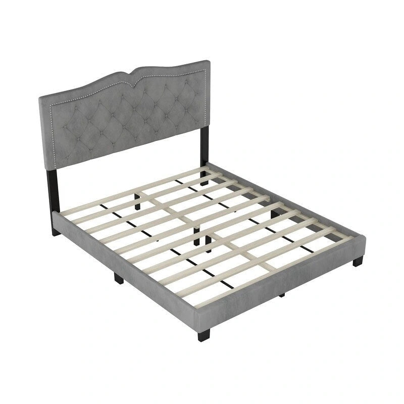Cadre de lit rembourré Queen Size avec motif riveté, lit plateforme moderne en velours avec tête de lit capitonnée