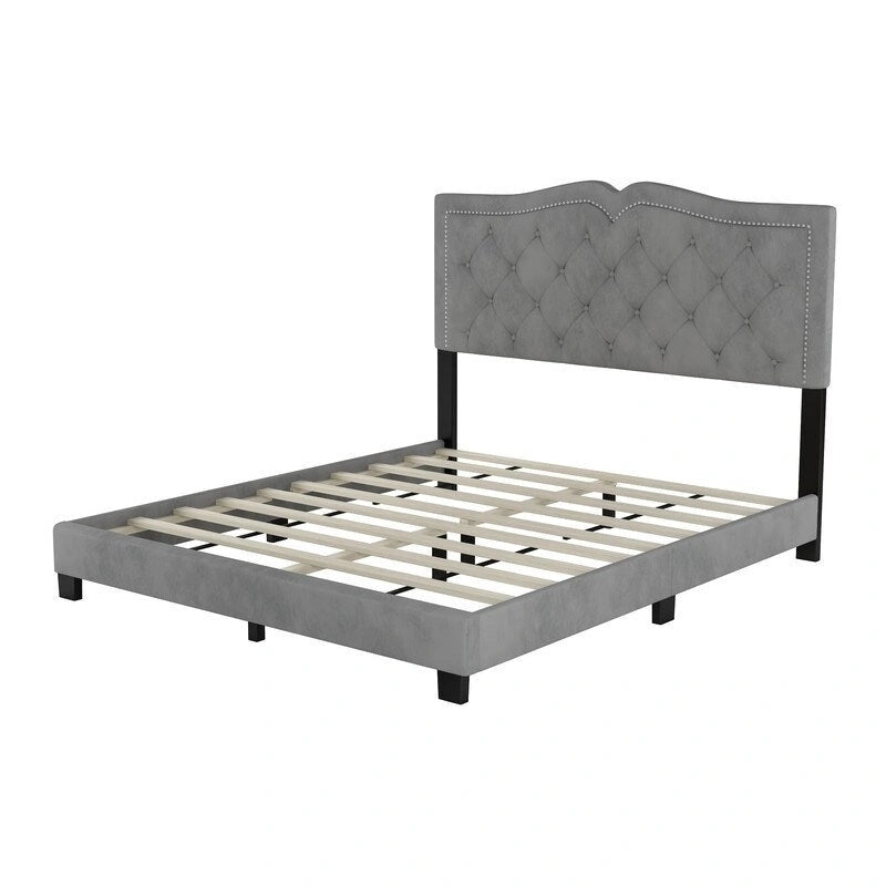 Cadre de lit rembourré Queen Size avec motif riveté, lit plateforme moderne en velours avec tête de lit capitonnée