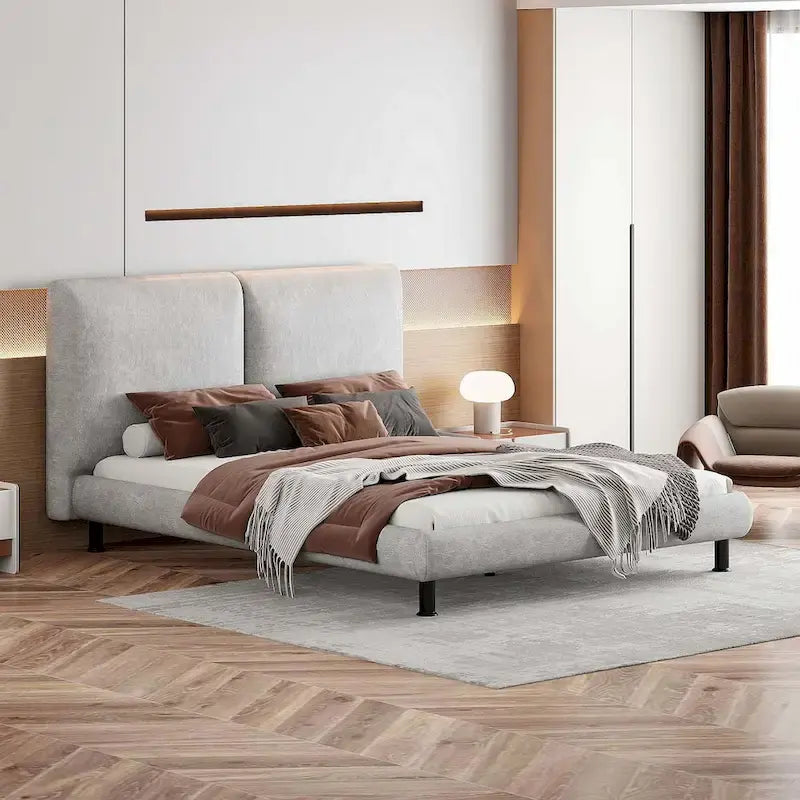 Lit plateforme en polyester Queen Size avec deux grandes têtes de lit