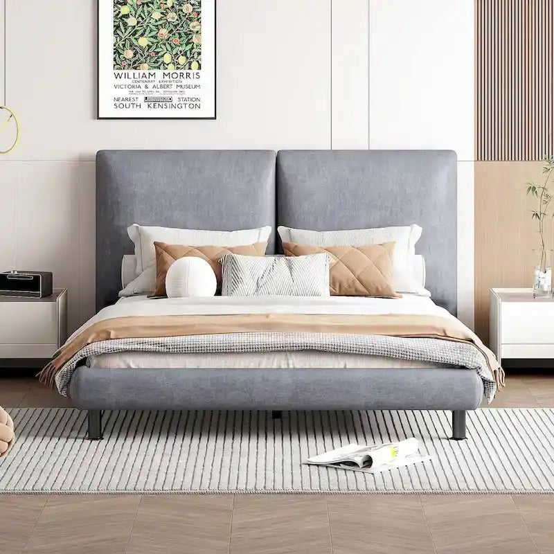 Lit plateforme en polyester Queen Size avec deux grandes têtes de lit