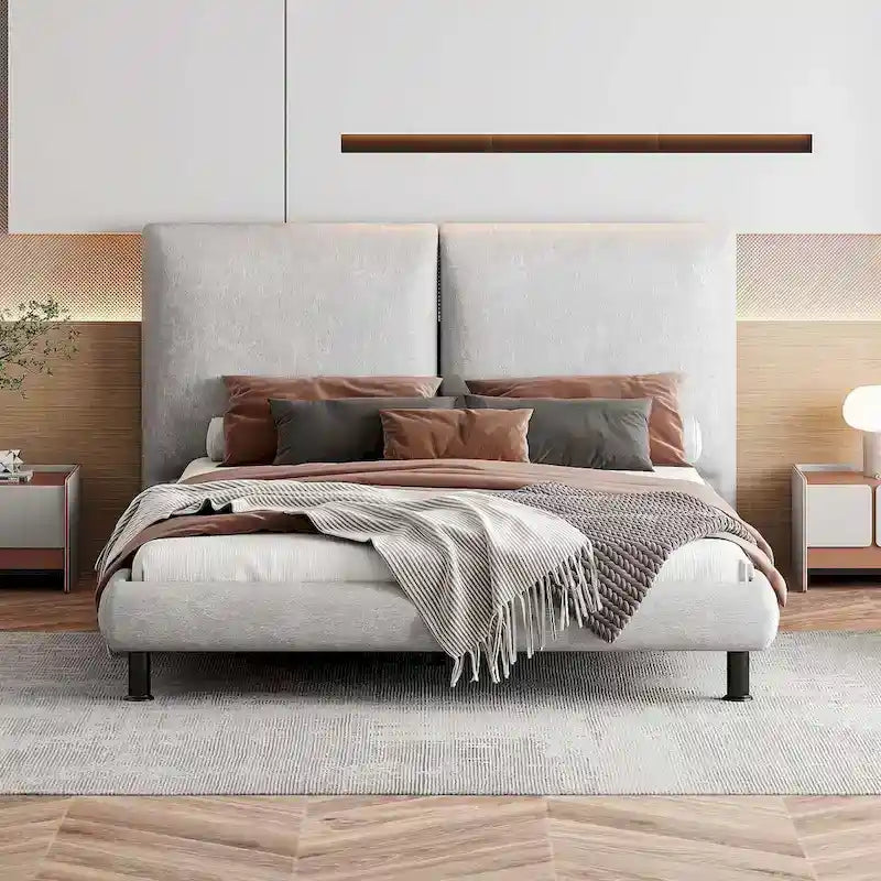 Lit plateforme en polyester Queen Size avec deux grandes têtes de lit