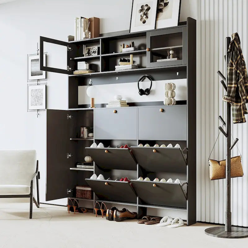Meuble à chaussures avec étagère de rangement et 6 tiroirs basculants, grand portemanteau avec portes en verre trempé, élégant meuble de vestibule avec 4 crochets