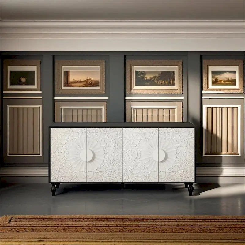 Meuble vintage blanc à larges facettes sculptées