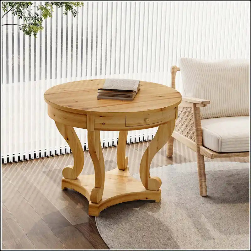 Table à manger ronde de petite taille style ferme avec pieds incurvés