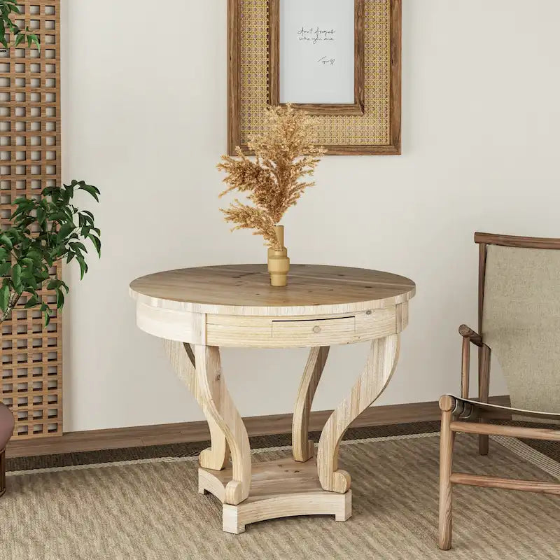 Table à manger ronde de petite taille style ferme avec pieds incurvés