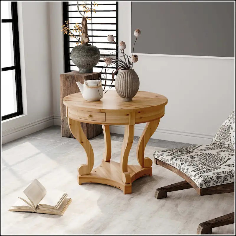 Table à manger ronde de petite taille style ferme avec pieds incurvés