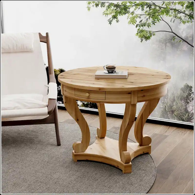 Table à manger ronde de petite taille style ferme avec pieds incurvés
