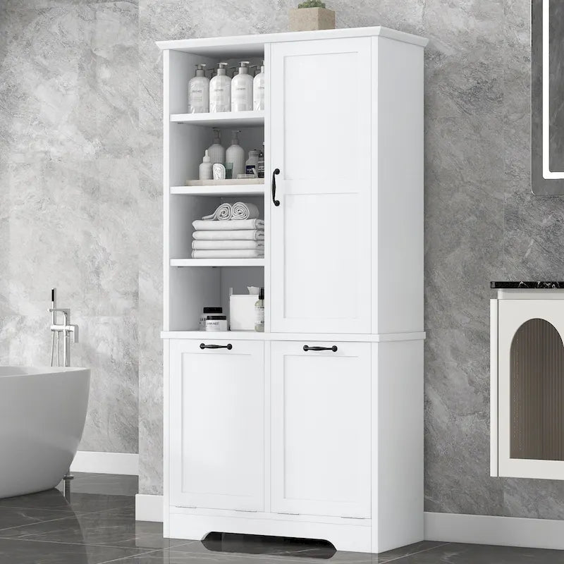 Meuble de Rangement Salle de Bain avec Portes, Tiroirs et Panier à Linge Inclinable