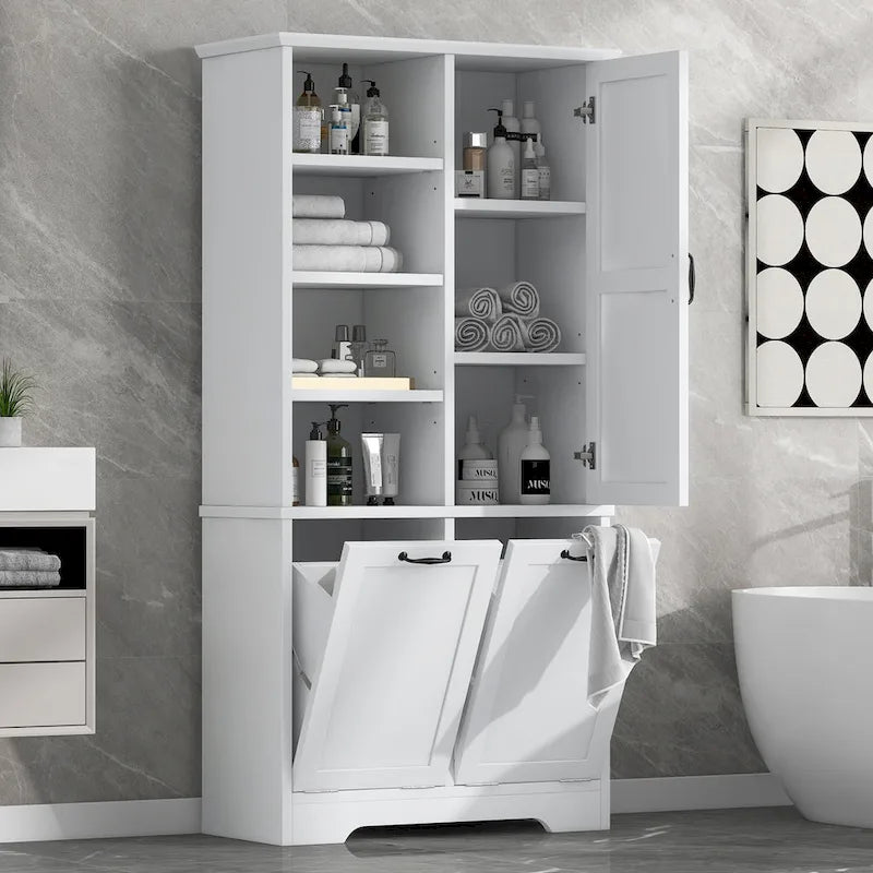 Meuble de Rangement Salle de Bain avec Portes, Tiroirs et Panier à Linge Inclinable