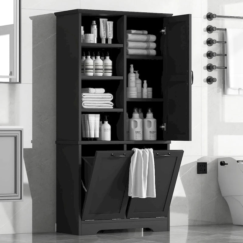 Meuble de Rangement Salle de Bain avec Portes, Tiroirs et Panier à Linge Inclinable
