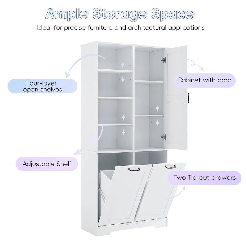 Meuble de Rangement Salle de Bain avec Portes, Tiroirs et Panier à Linge Inclinable