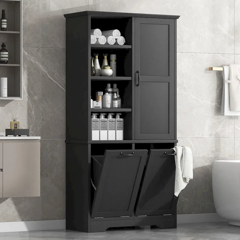 Meuble de Rangement Salle de Bain avec Portes, Tiroirs et Panier à Linge Inclinable