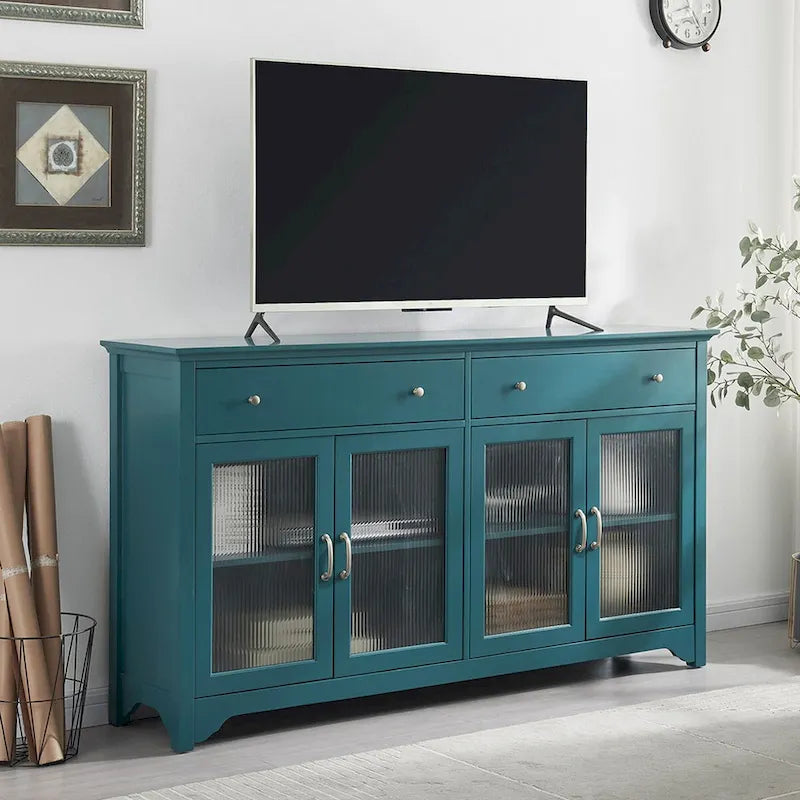 Meuble TV, Bahut de Rangement, Buffet avec Porte en Verre et Étagères Réglables