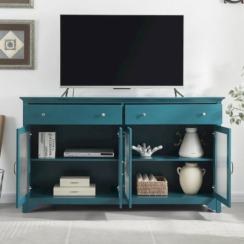 Meuble TV, Bahut de Rangement, Buffet avec Porte en Verre et Étagères Réglables